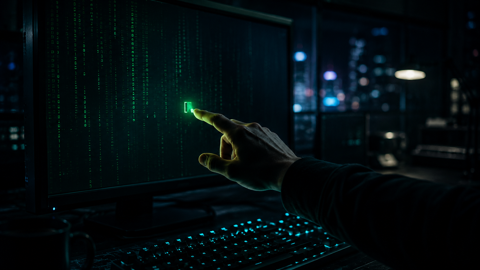 A practitioner reaching toward matrix-green data on a monitor — the moment data becomes a decision.